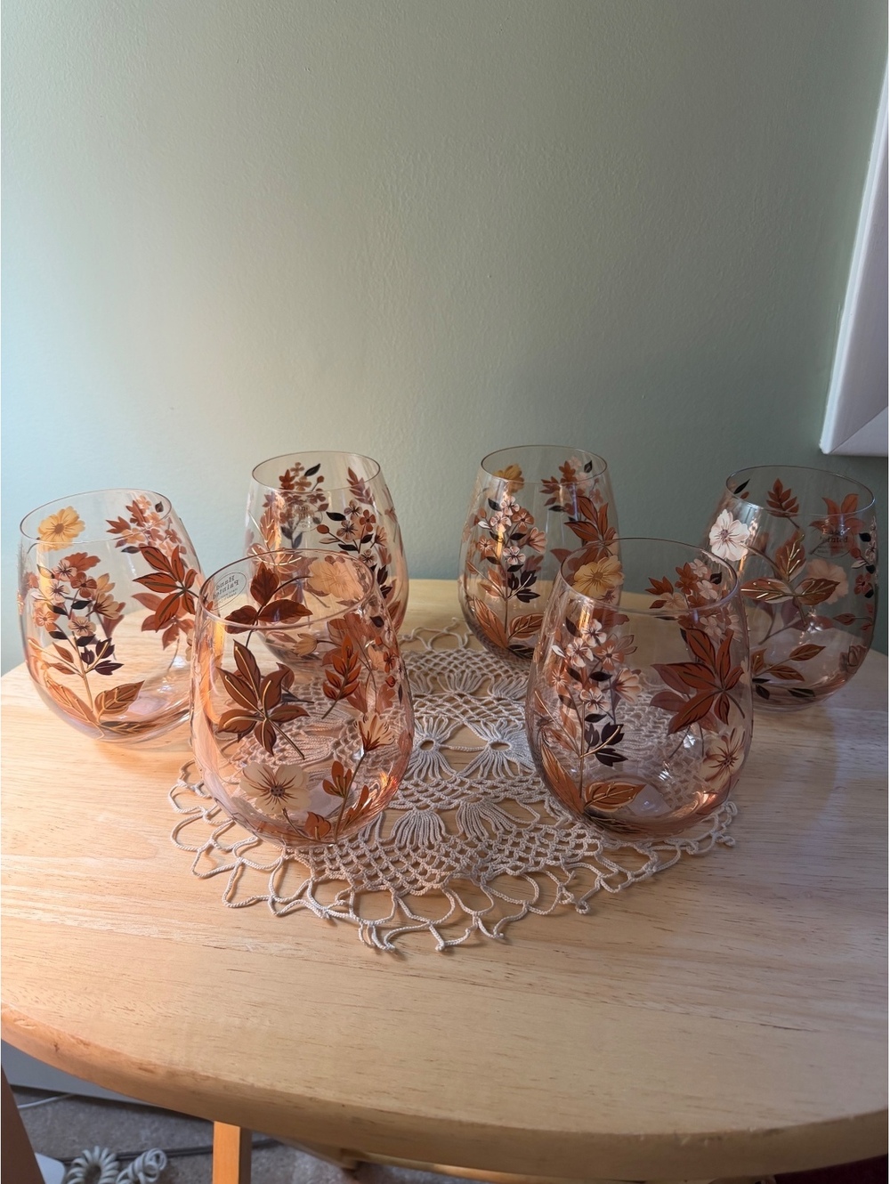 Set of 6 Hand Painted Floral Stemless Wine Glasses